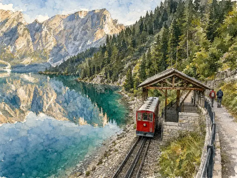 Alpine lake and funicular station in the Air & Ink style