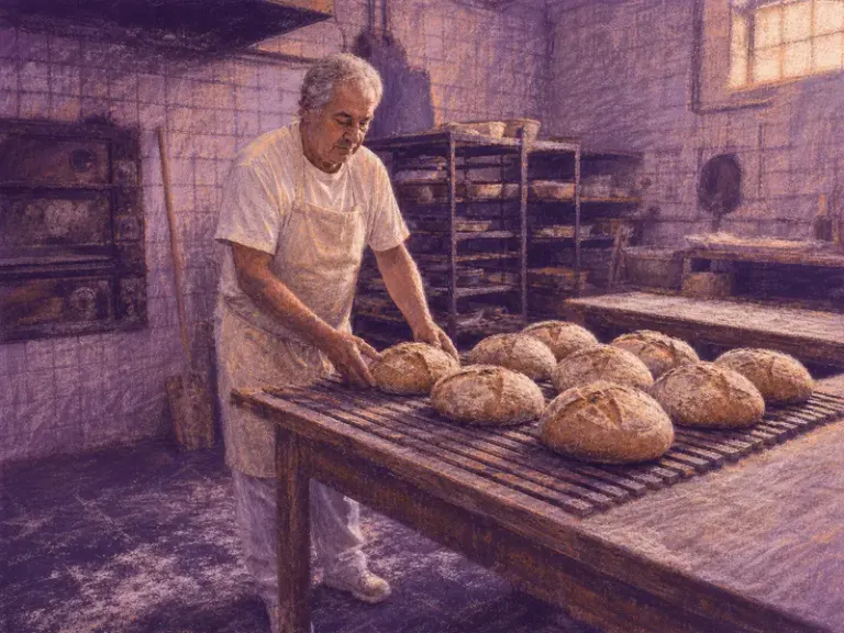 Baker arranging loaves before opening in the Plum Afterglow style