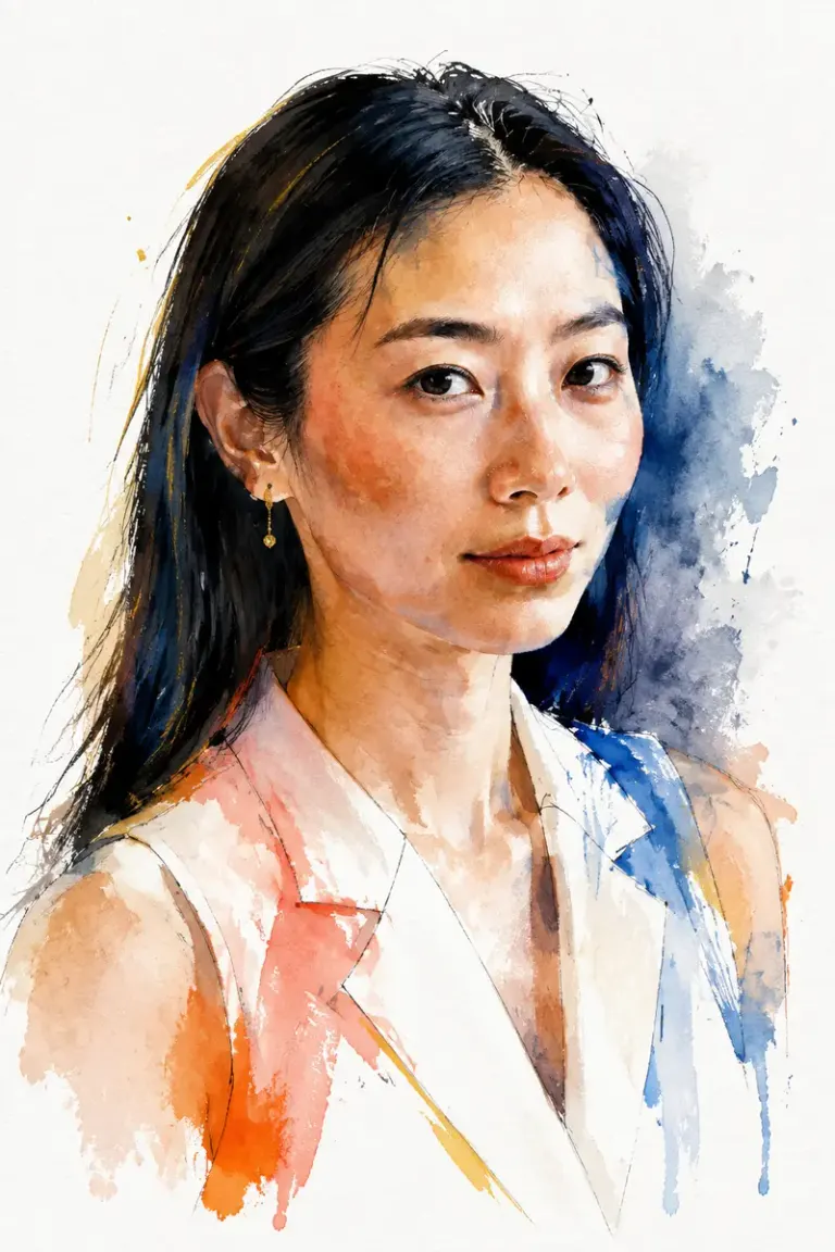 Woman with straight dark hair in the Cobalt & Coral style