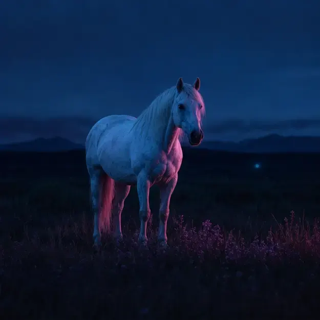 White horse in a field in the Midnight Neon style