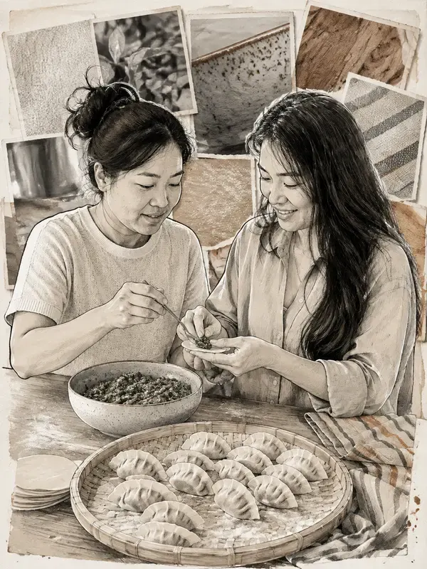 Two sisters folding dumplings in the Archive Backdrop style