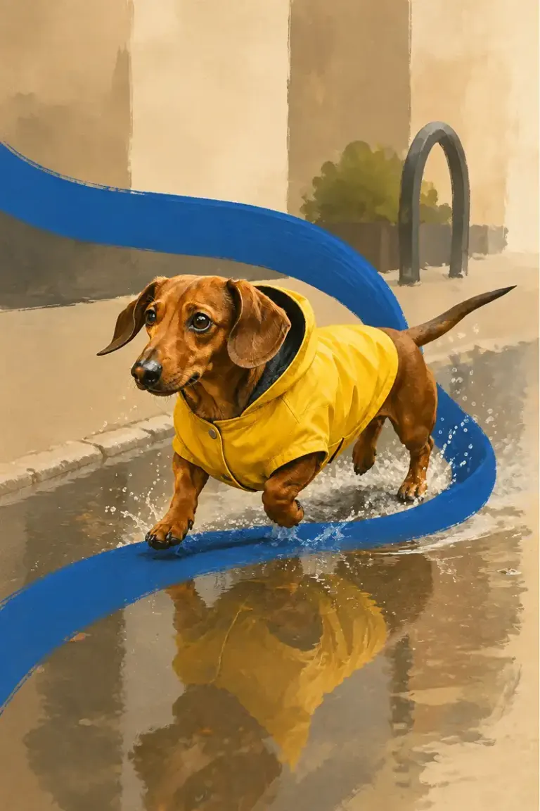 Dachshund splashing through a rain puddle in the Ribbon Bounce style