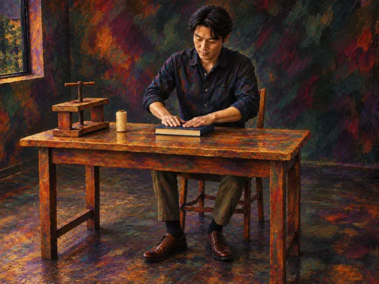 A seated bookbinder pressing a closed book beside a small press and thread spool in the Jewel Nocturne style
