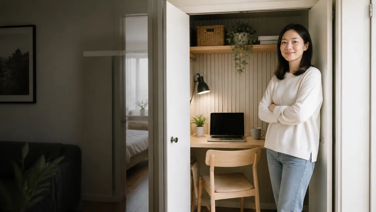 A woman beside a home office built into a closet