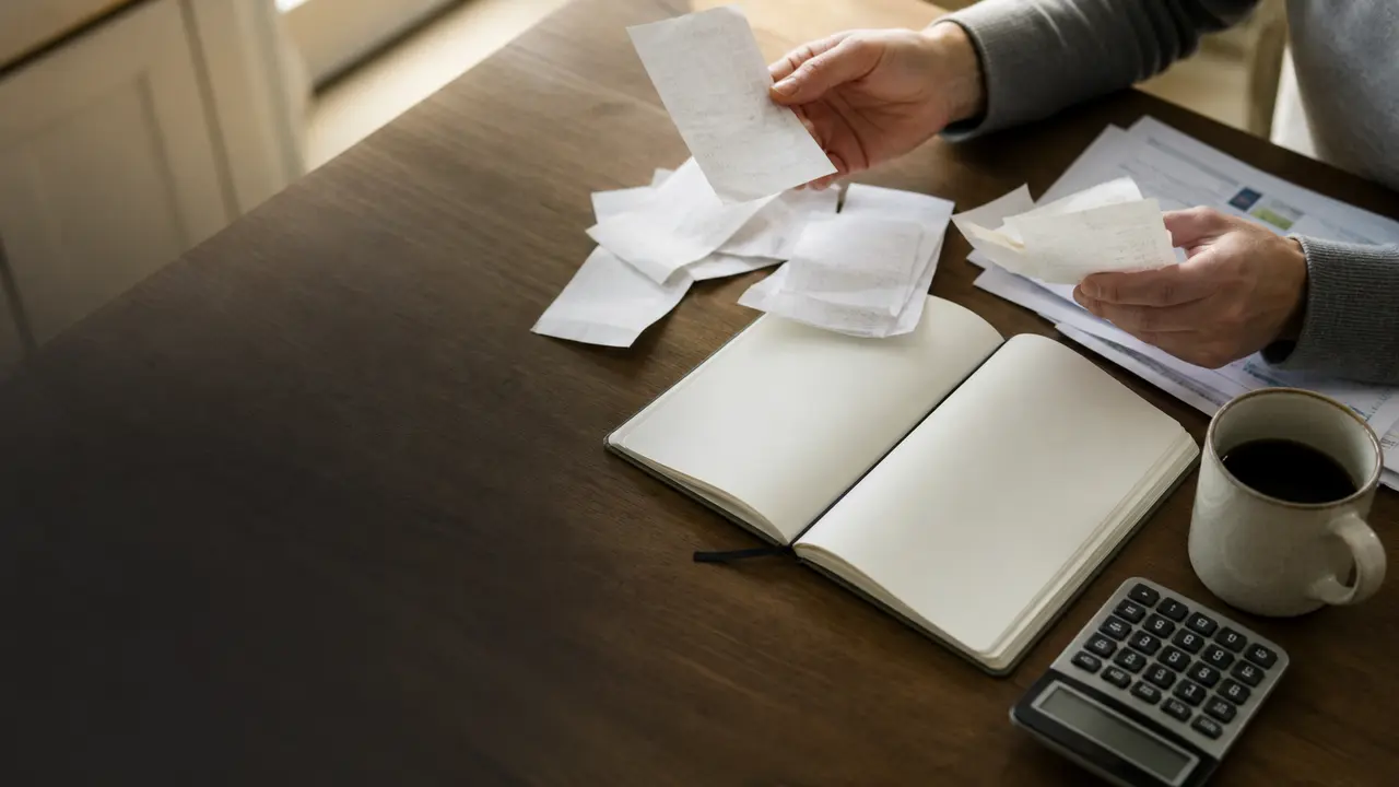 Hands sorting receipts beside a notebook and calculator