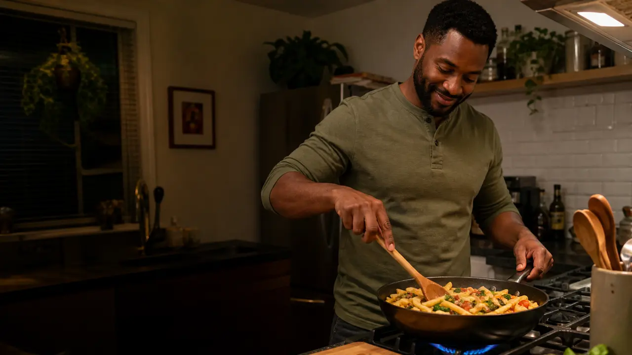 A man cooking pasta in a compact kitchen